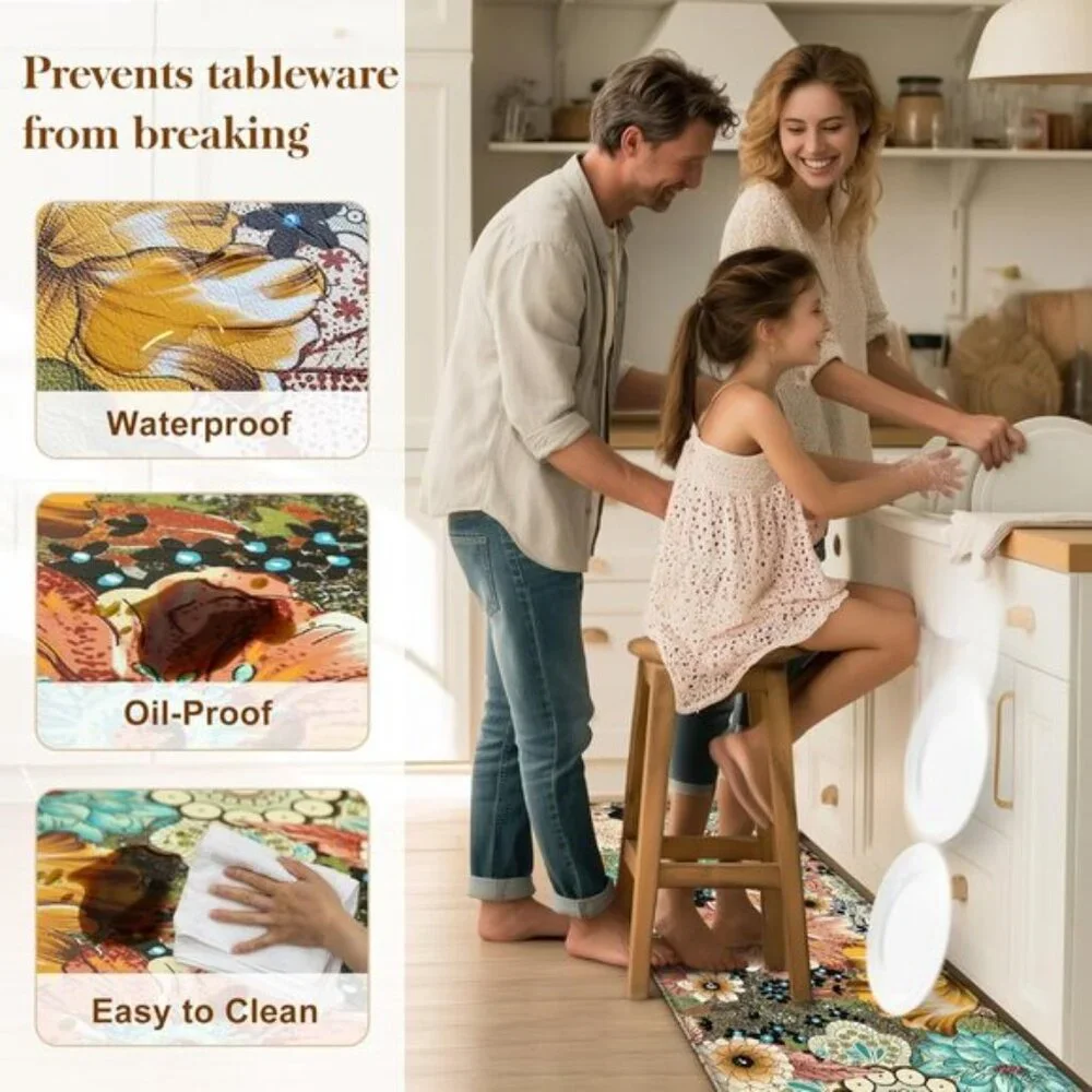 New Set of 2 Boho Floral Kitchen Mat, Cushioned, Non-Slip, Waterproof Foam